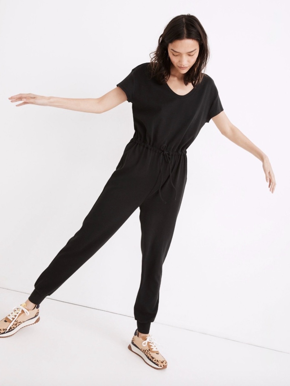 Madewell Black Short-Sleeve Drawstring-Waist Jumpsuit